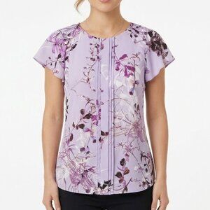 Worthington Fairycore Lavender Floral Flutter Sleeve Pleated Front Blouse PS